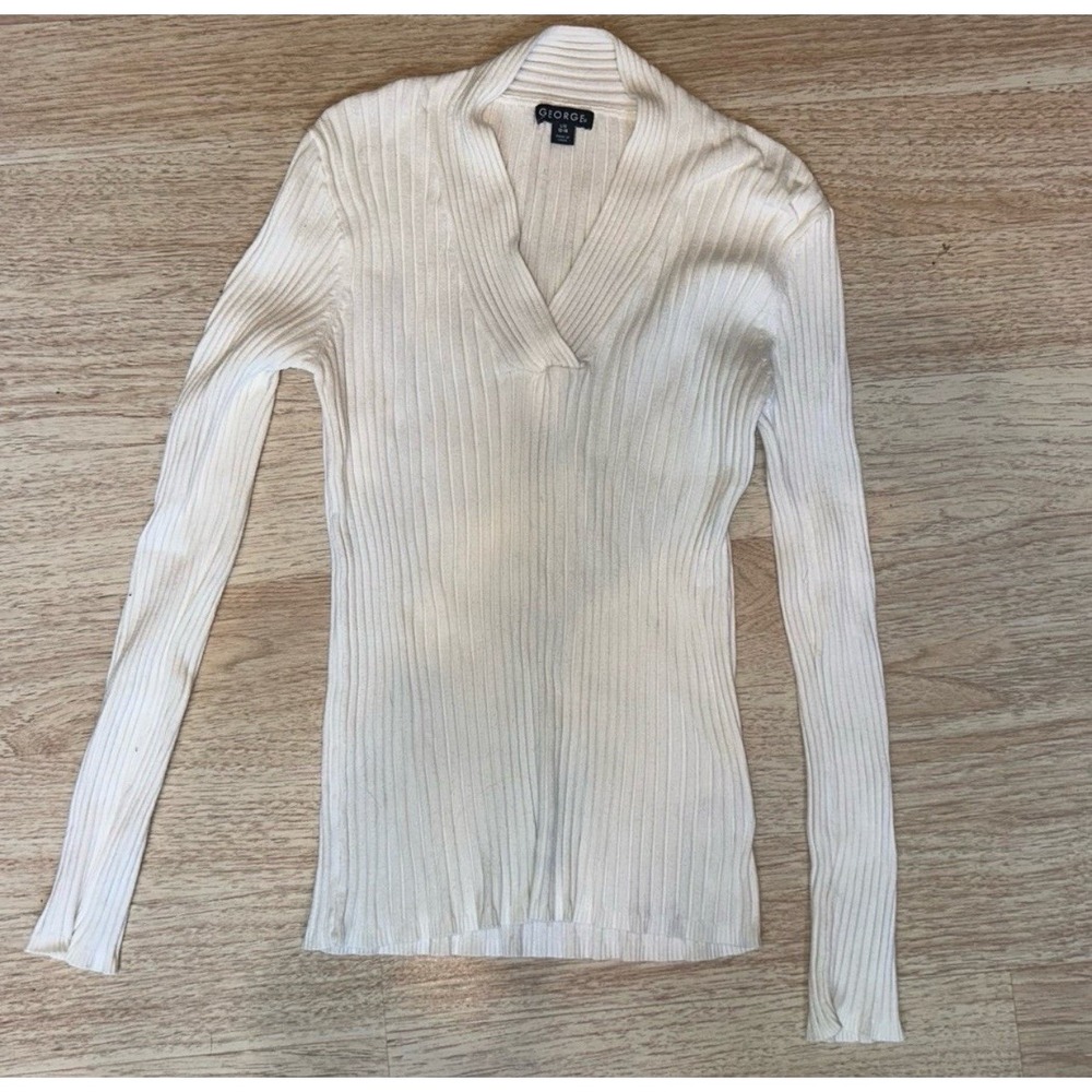 George V-Neck Ribbed Sweater Cream L Minimalist Preppy Quiet Luxury Chic Basic